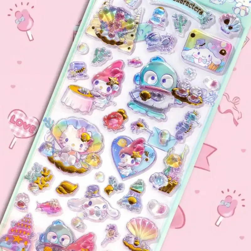 Sanrio 헬로 키티 Hangyodon 오션 테마 릴리프 스티커 환상적인 보석 3d 쉘 물고기 장식 스티커 어린이 장난감 선물