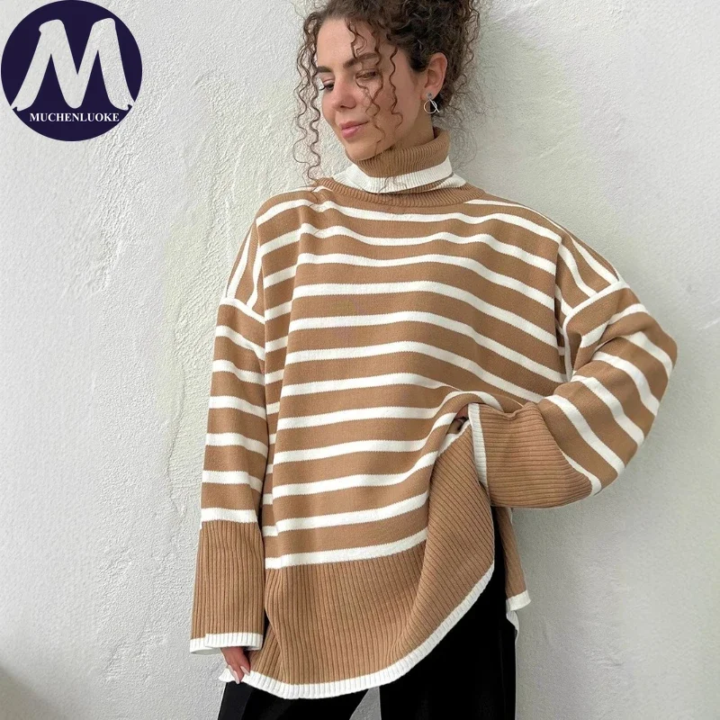 여성용 하이넥 니트 스웨터 가을 겨울 스트라이프 캐주얼 루즈핏 보온 풀오버 패션 다용도 두꺼운 니트웨어