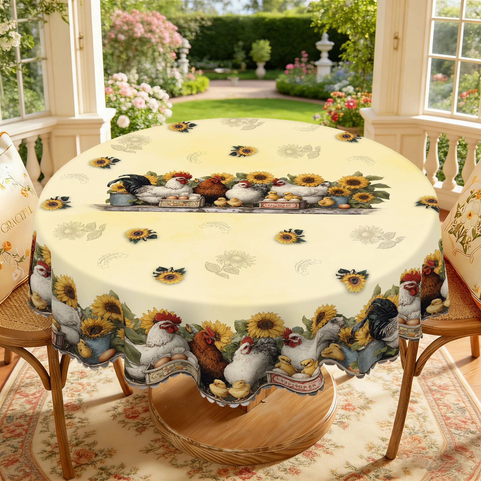 1 Piece of Fresh Farm-Themed Printed Round and Rectangular Tablecloth, Available in Various Sizes, Featuring a Warm Hen Coop and Blooming Sunflowers, Paired with a Cute Chick Print Tablecloth, with Embossed Edges, Suitable for Family Gatherings, Patio Gardens, and as a Pastoral-Style Home Decoration for All Seasons