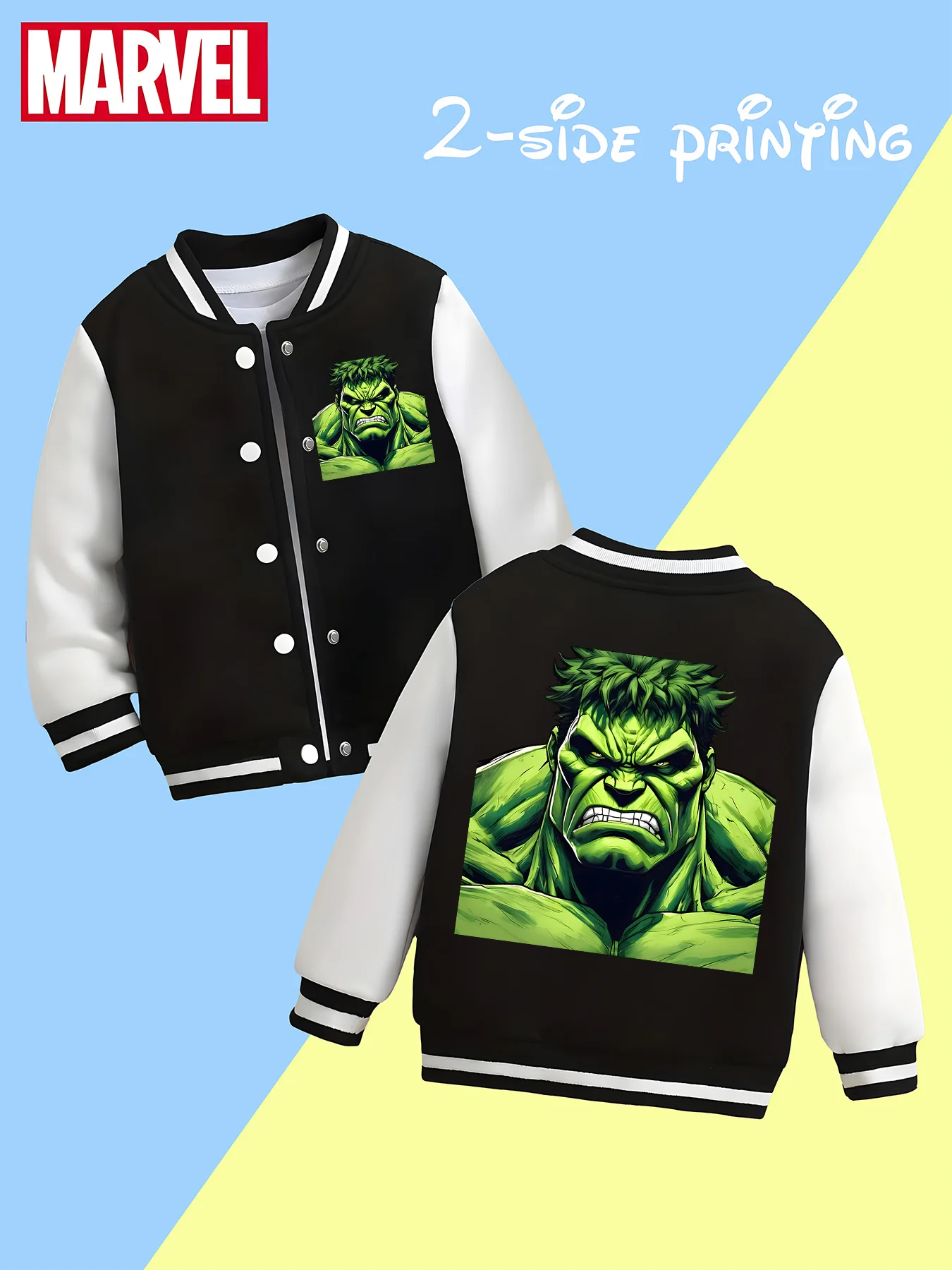 

MINISO Marvel Hulk Kids Baseball Jacket - Trendy black and white, soft and skin-friendly fabric, autumn and winter casual jacket