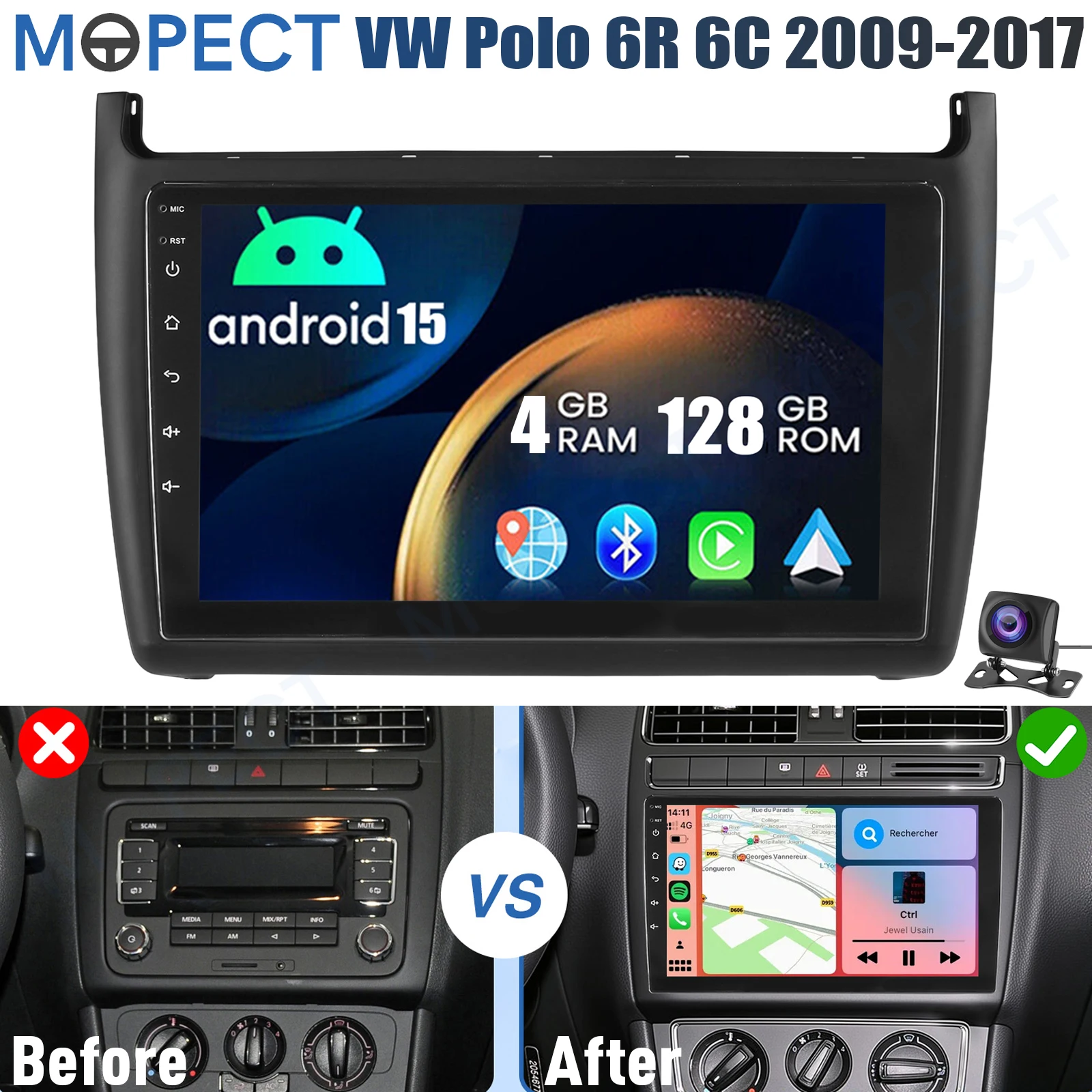4+128GB 9 inch Android 15 autoradio met CarPlay voor VW Polo 6R 6C 2009-2017 GPS navigatie touchscreen FM/AM head unit SWC+DAB&camera