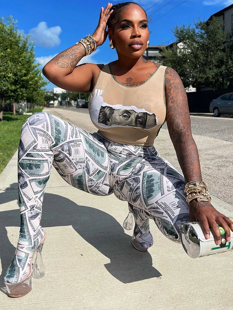 

Macheda Hottie Print 2-Piece Set Women See Through u-Neck Skinny Vests+High Elasticity Tights Wild Street Sexy Midnight Clubwear