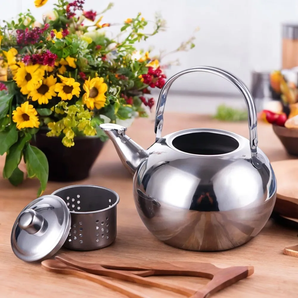 Convenient Large Capacity Stainless Steel Portable Tea Kettle with Strainer for Gas Stove - Whistling Boiled Teapot Ideal for Ma