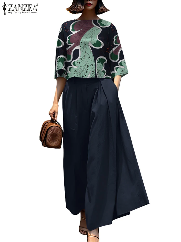 Summer Pant Sets 2pcs Women Tracksuits Casual Loose Work Matching Sets ZANZEA Bohemain Female Blouse Wide Leg Trousers Suit