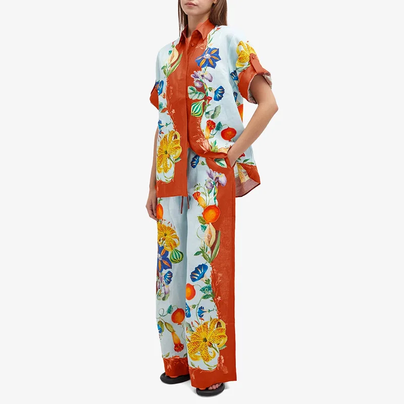 

Artistic Retro Print Two-Piece Set2025New Short Sleeve Shirt Top High Waist Casual Wide Leg Pants Suit Women