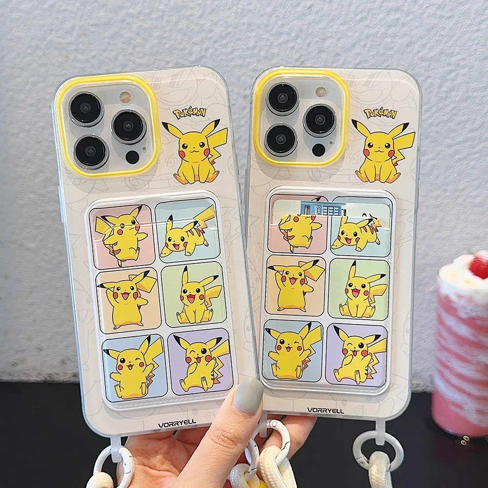 Cartoon Anime Pikachus With Lanyard Card Pocket Phone Case for IPhone 16 15 14 13 12 11 Pro Max Drop-resistant Back Cover Funda