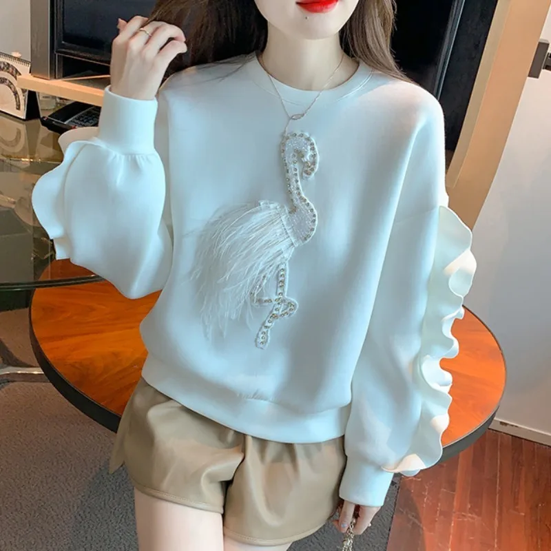 Vintage Chic O-neck Ruffled Beading Sweatshirts Autumn Long Sleeve Loose Tops Women E-Girl Mid-length Sweatshirt Mujer