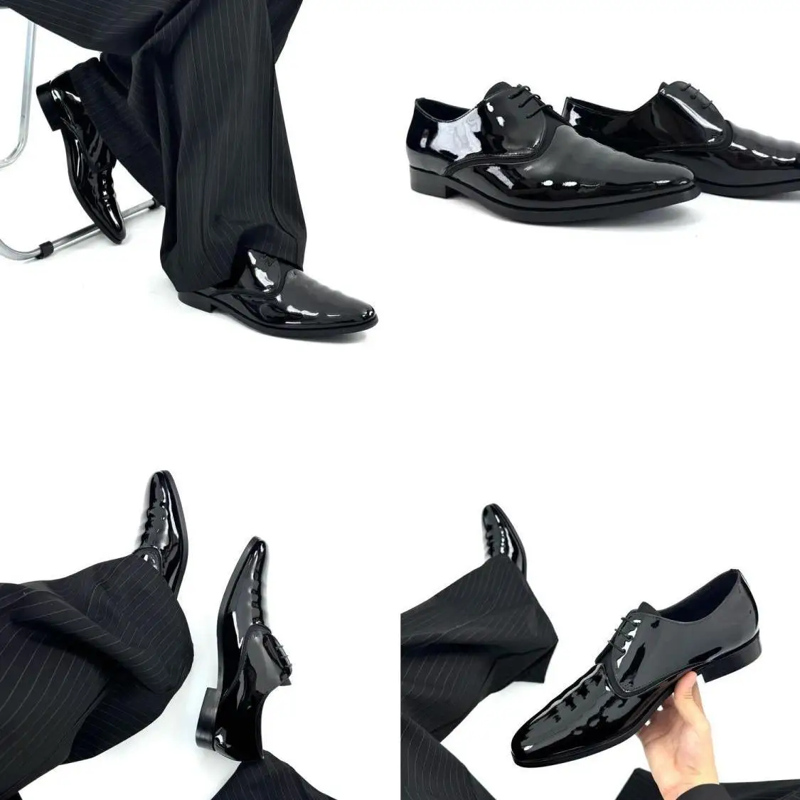 

Men's Shoes Lace-Up round Toe Thick Bottom Casual Leather Shoes Business Formal Black Glossy Commuter Shoes