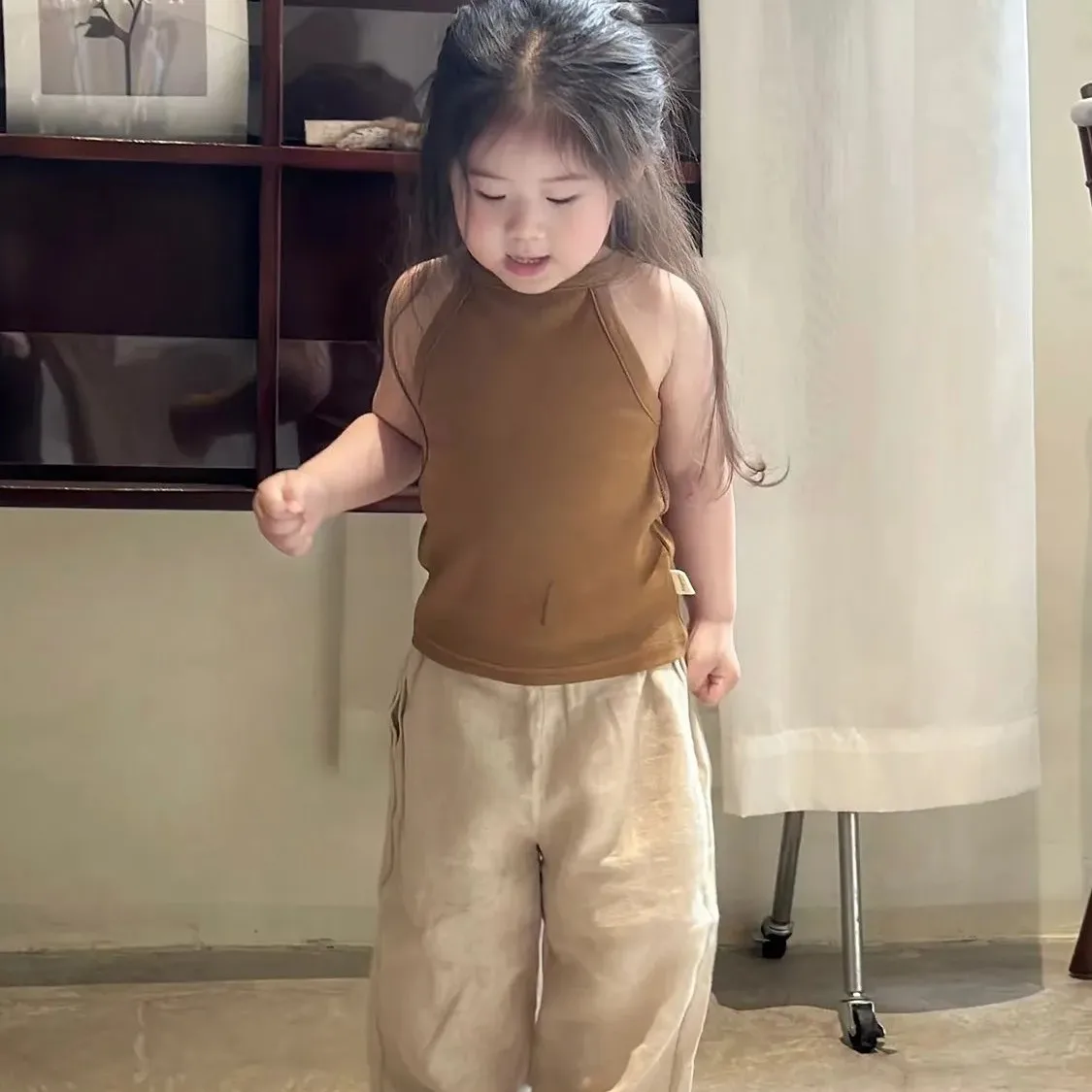

Girls Set Summer New Brown Pure Cotton Children's Hanging Neck Tank Top Loose Casual Pants Two Piece Set
