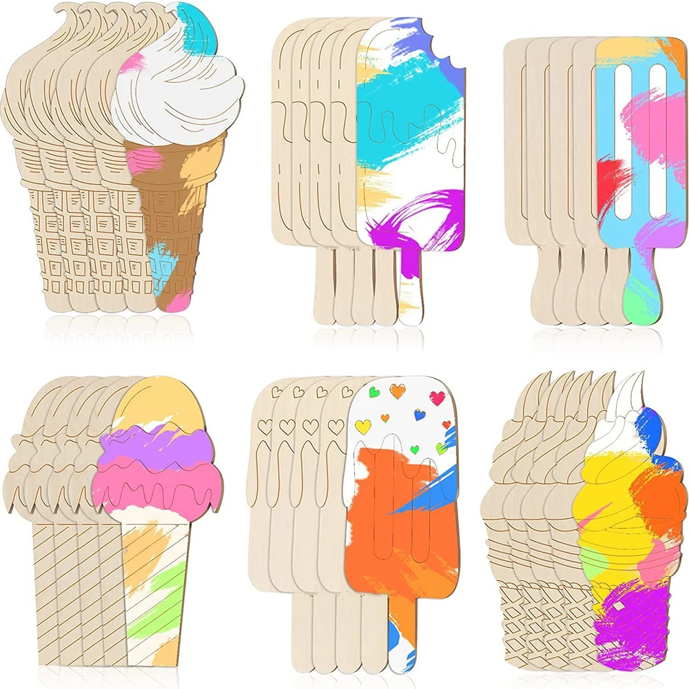 60Pcs 6 Styles Ice Cream Blank Wooden Slices Ornaments Unfinished Ice Cream Wood Cutouts for Art Paint Summer Home Decoration