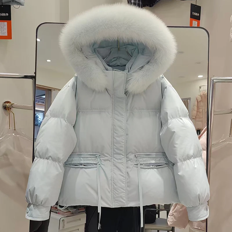 

2025 winter new down jacket women's short hooded coat Korean version big fur collar 90 white duck down bread warm jacket