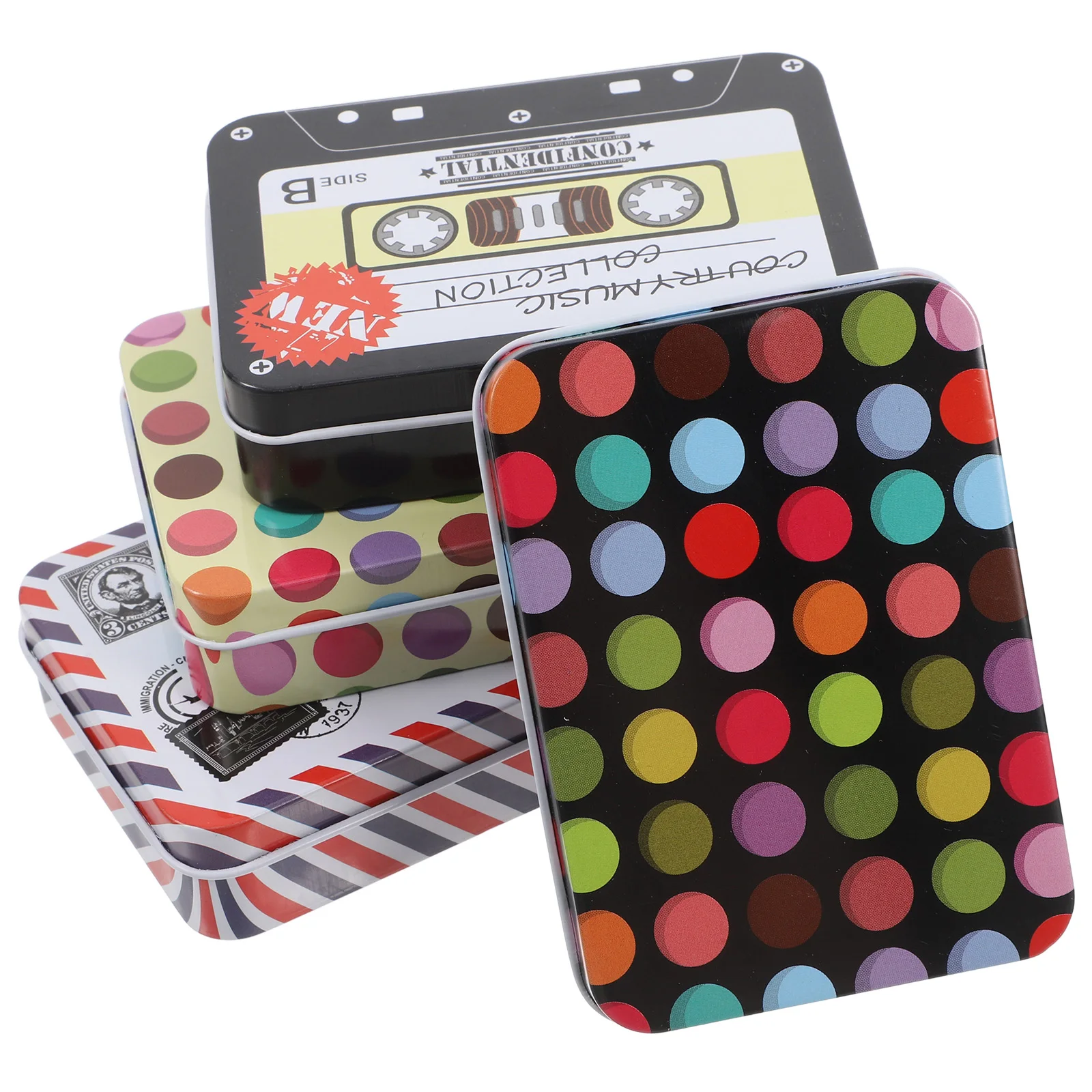 

4pcs Card Storage Box Metal Tin Rectangle Empty Hinged Lid Mini Portable Gift Packaging Container Travel Tin Jars Food Storage