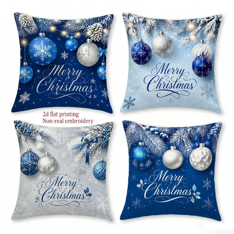 4pcs Christmas Themed Pillow Cover Set, Blue and Silvery Light Luxury Style with Christmas Ornaments, Snowflakes