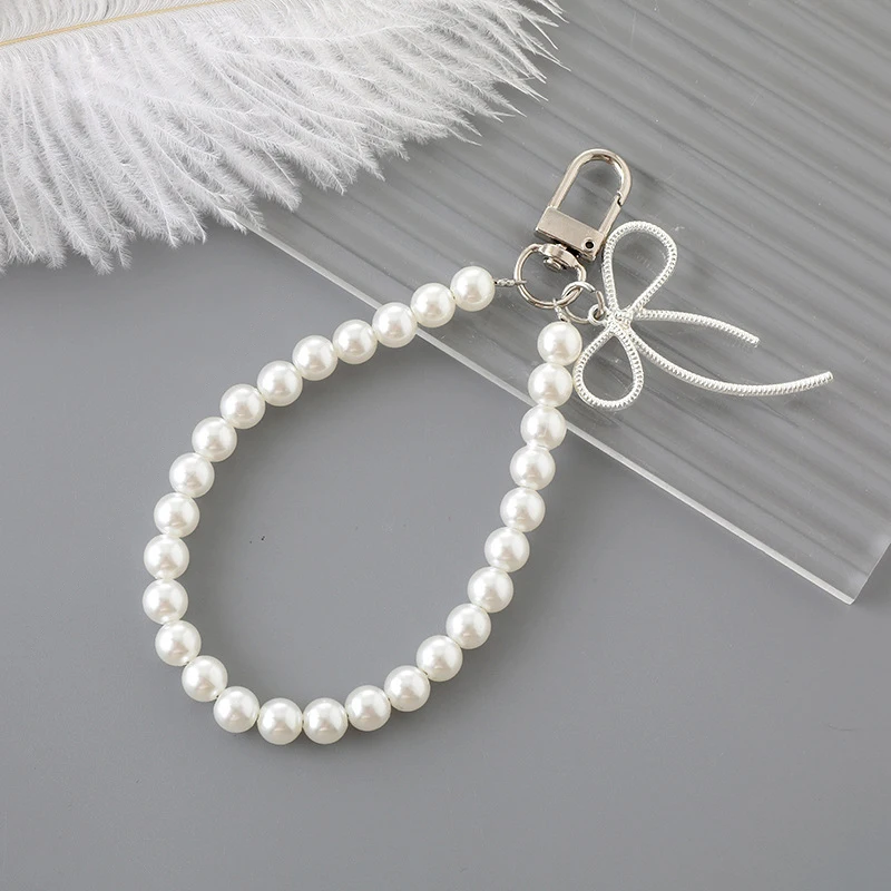 Ins Style Pearl Beaded Key Chain Bowknot Phone Pendant Headphone Case Charm Bag Decor Car Key Ring