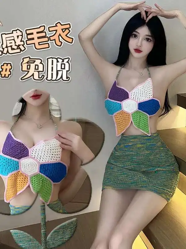 الخامس الرقبة فستان قصير الساخن مثير المرأة الكورية عارية الذراعين سترة مثير المرأة موحدة إغراء فستان أنيق الحلو زهرة تانك القمم 4PVP #4