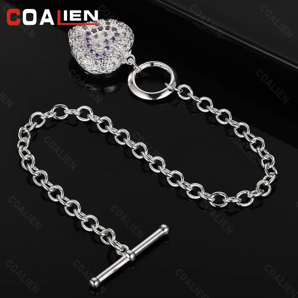 

COALIEN 925 Sterling Silver Heart Inlaid Zircon Small Ring Chain Bracelet Woman Charm Party Jewelry