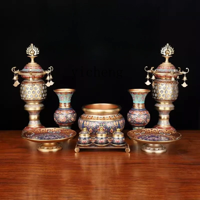 LYY  pure copper offering Buddha incense burner lotus vase Buddha front fruit plate bottle offering Guanyin ornament set