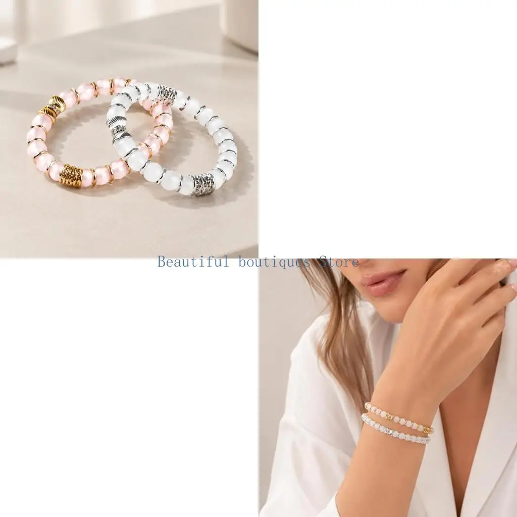 U4LF Natural Stone Stretch Bracelet Set, 2 Round Bead Bracelets with Mixed-Tone Spacers for Stacked or Separate Wear
