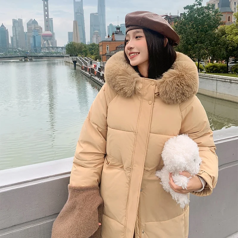 

2024 Winter Women's Padded Jackets Mid-length Fashion Hooded Large Fur Collar Solid Color Loose Thick Down Cotton Coat