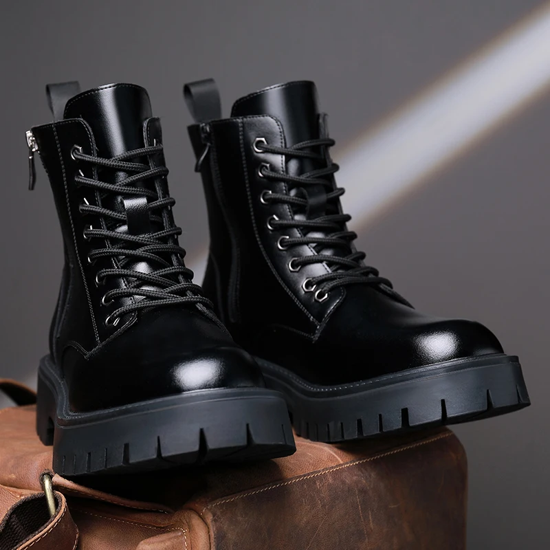 

Men High Top Boots PU Thick Soled Lace Up Ankle Boots Casual Versatile Men Boots