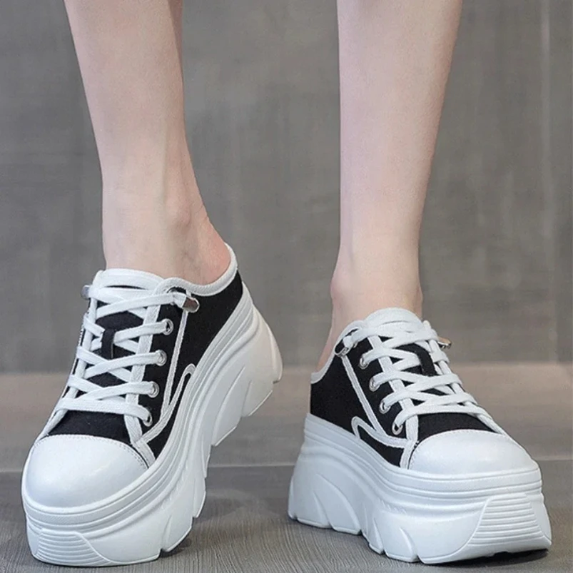 

2023 9 см парусиновая женская летняя обувь из натуральной кожи, кроссовки на танкетке, тапочки на платформе, сандалии без шнуровки, скользящие