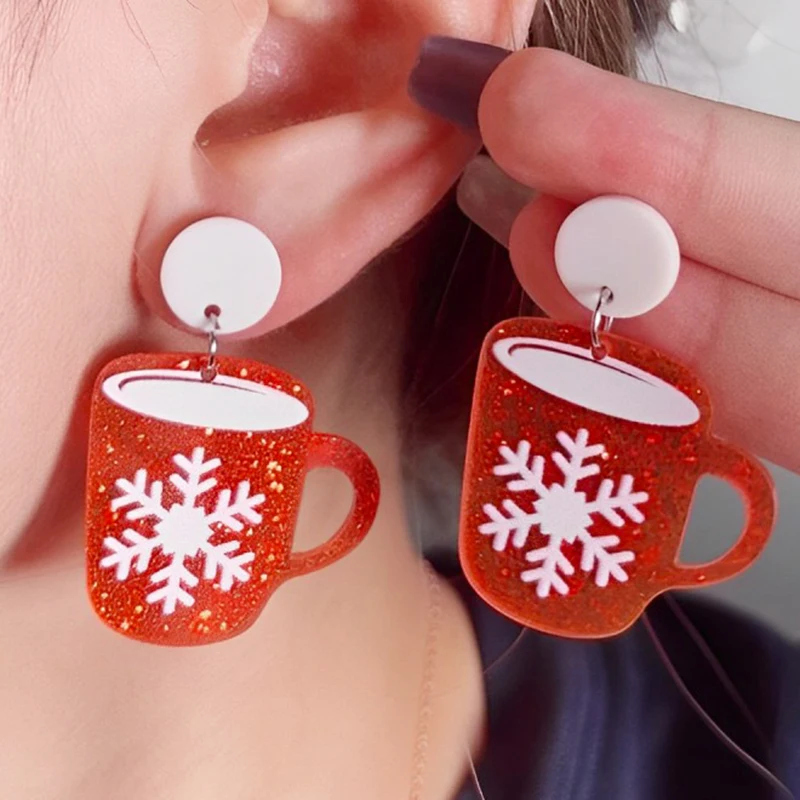 Novel Red Cup Gloves Snowflake Glitter Pattern Dangle Earrings Jewelry Accessories Fashion Cute Bohemian Earring For Women