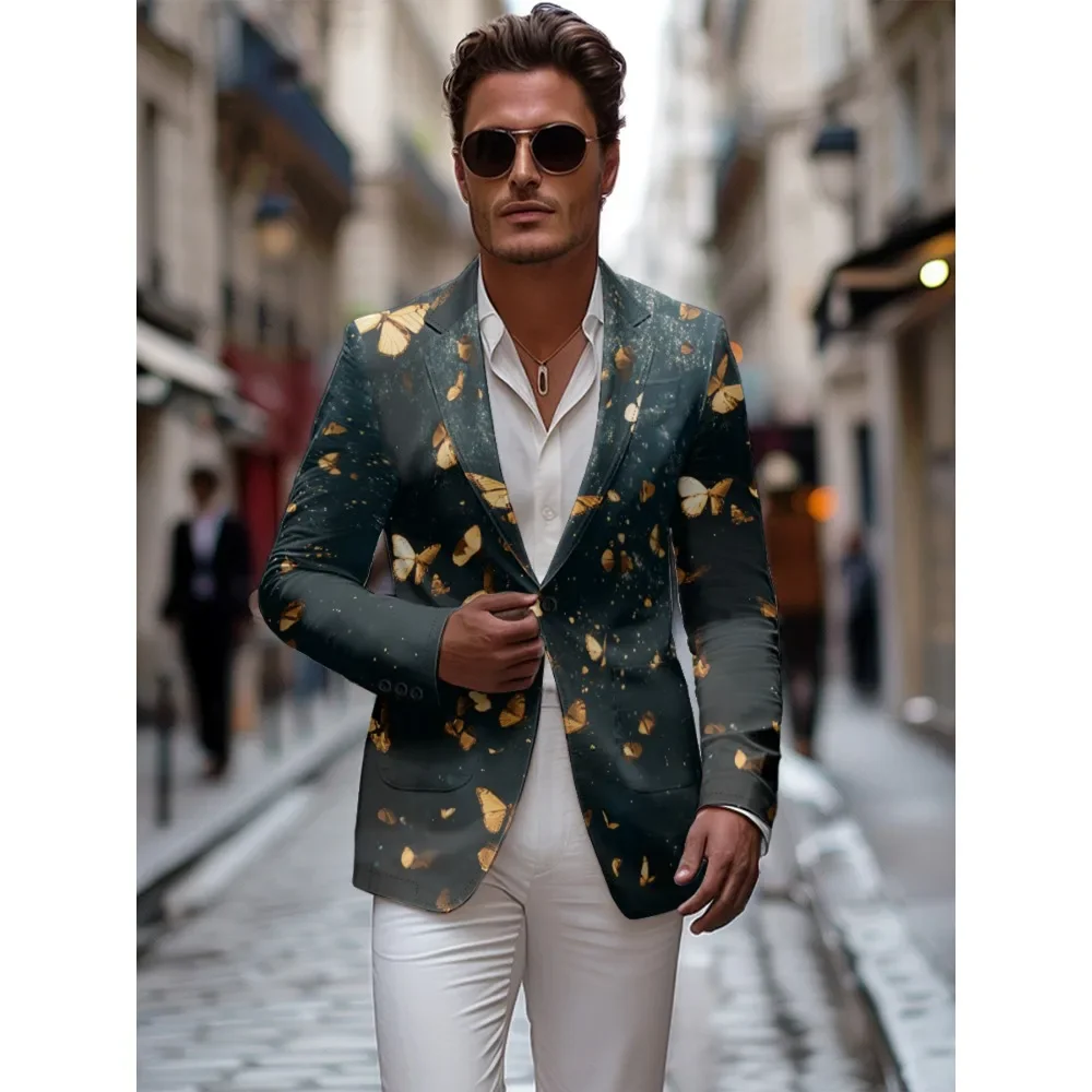 

Black and Gold Butterfly Print Mens Blazer Vintage Suit Jacket Black Punk Style Blazers Business One Button Slim Fit Coat 9XL