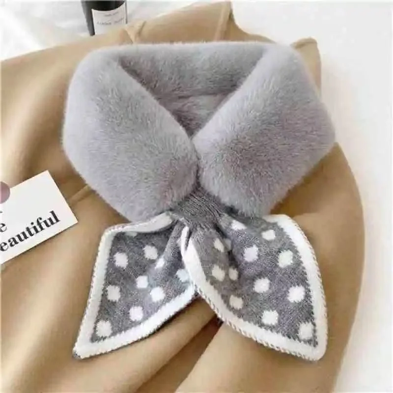 polka dot faux rabbit fur scarf for women winter warm knitted bow neckerchief soft plush false collar
