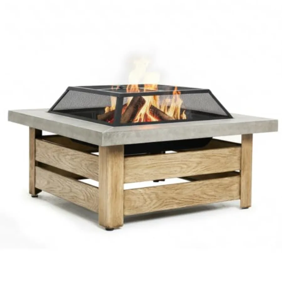 Outdoor wood-burning fire pit, 34-inch steel with wood grain texture side panel, black finish, includes lid, poker, and round w