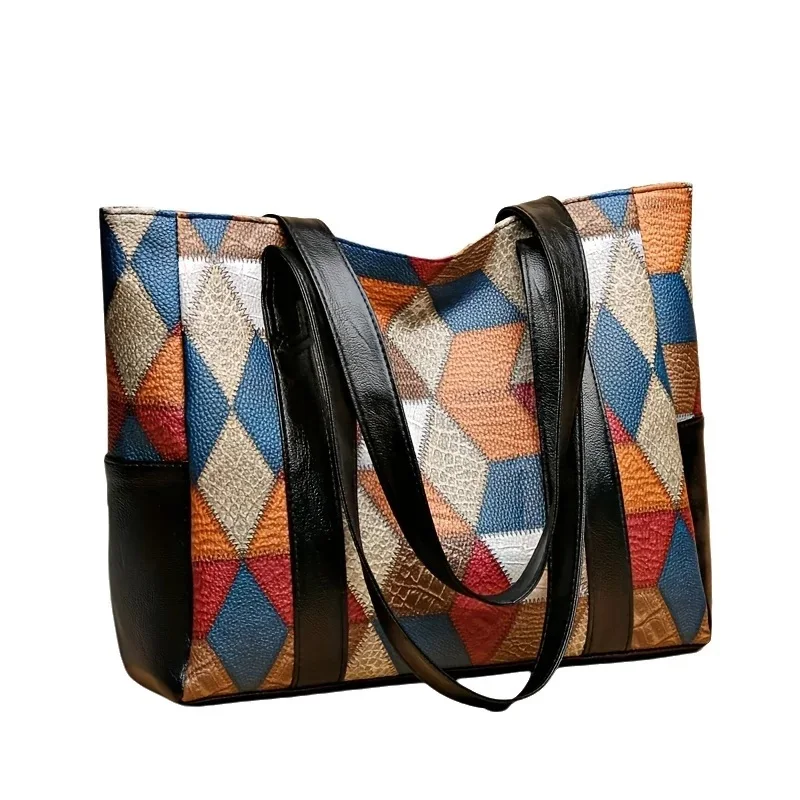

Large Capacity Patchwork Colorful Casual Tote Bags For Women, Vintage Plaid Shoulder Bag For Daily commuting Ladies Handbags