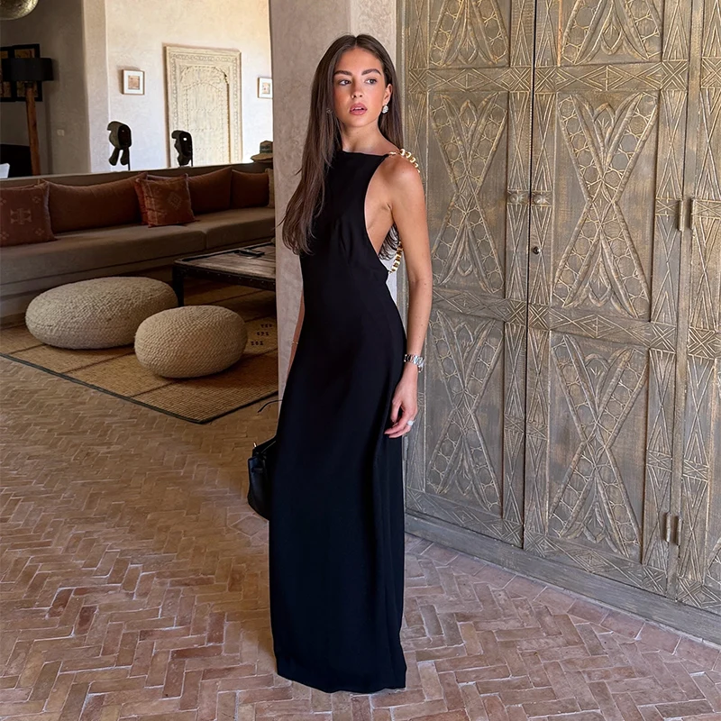 Elegant Beads Backless Black Women's Summer Dress Square Collar Sleeveless Beach Sling Sundress 2026 Lady Holiday Party Robes