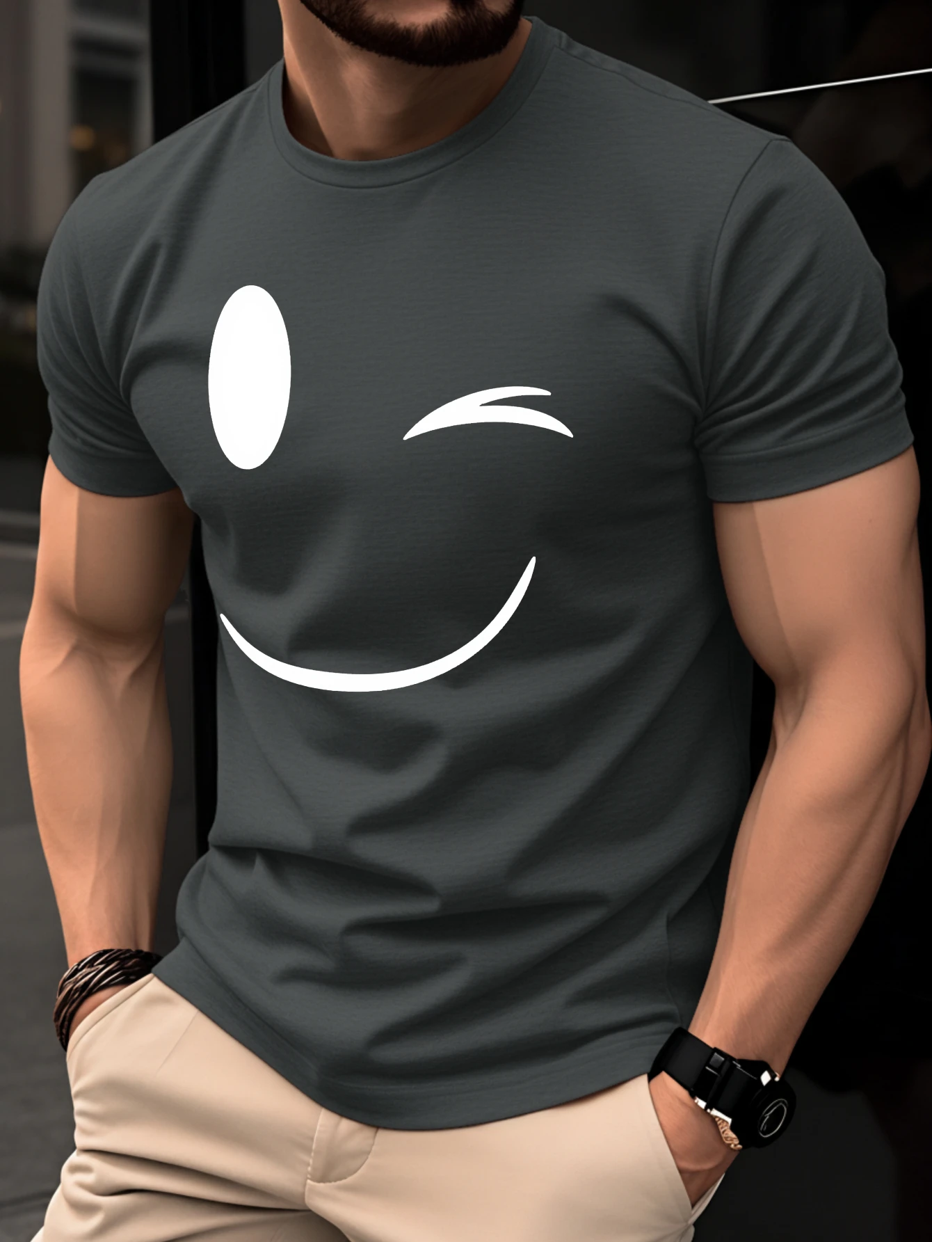 2026 Summer Men's Minimalist Oversized Smiley Face Print Short-Sleeve T-Shirt Perfect for Outdoor Activities and Commuting