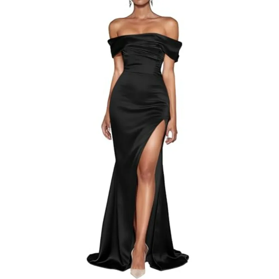 

Women's Elegant Off Shoulder High Split Ruched Bodycon Long Formal Evening Dress