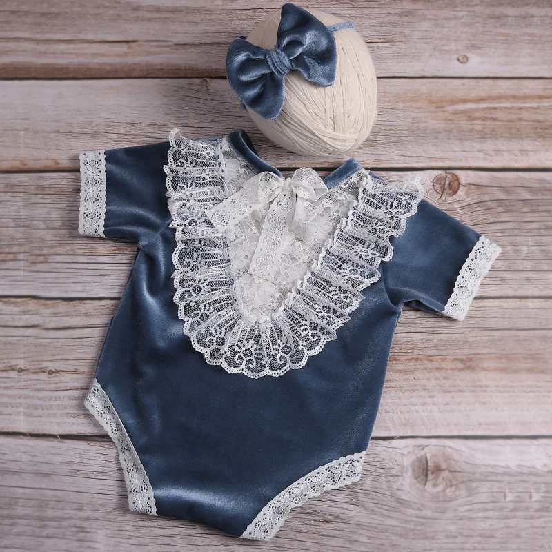 Ylsteed Newborn Velvet Romper Photography Clothes with Bow Headband Baby Girl Lace Outfit for Photo Shooting