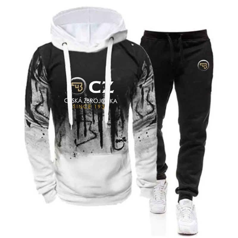 CZ Ceska Zbrojovka 2023 Men's New High Street Gradient Hoodies Casual Sweatpant Sets Jackets Sport Hip Hop Coats+Trousers Suits