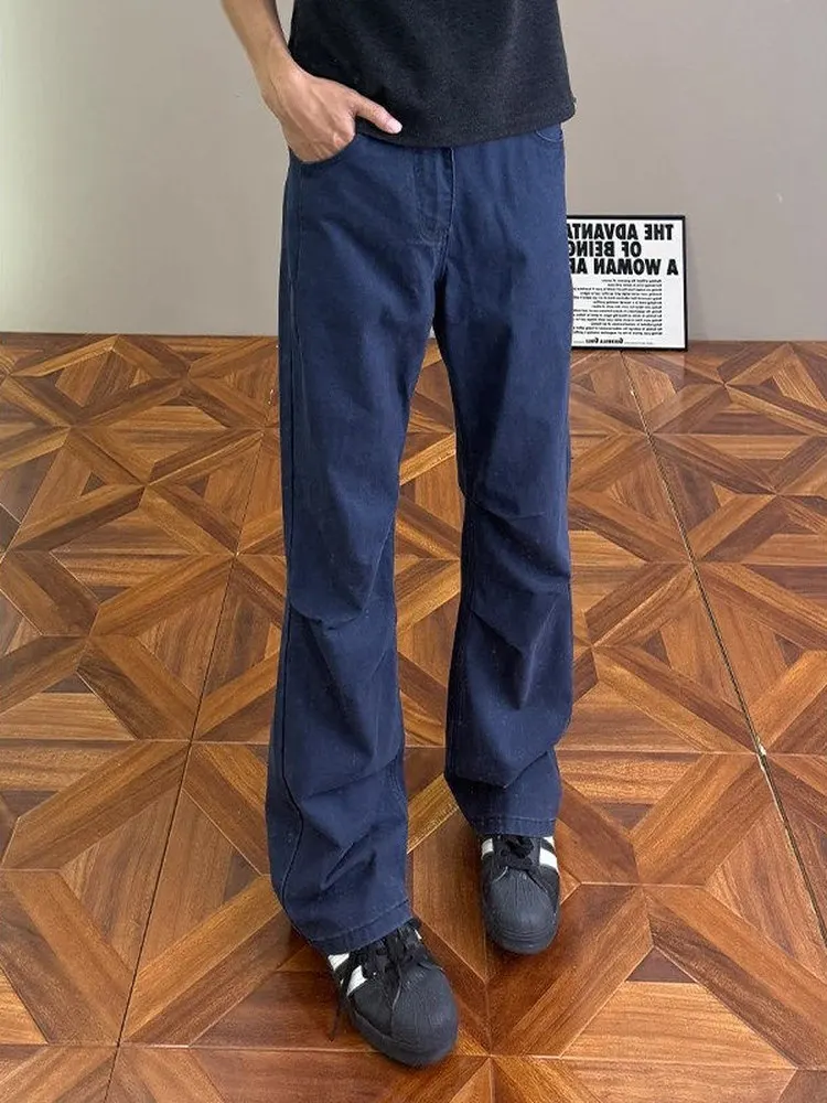 French Workwear Blue Pleated Wide Leg Jeans Men's High Street Style Loose Fit Straight Cut Trousers Fashionable Cargo Pants