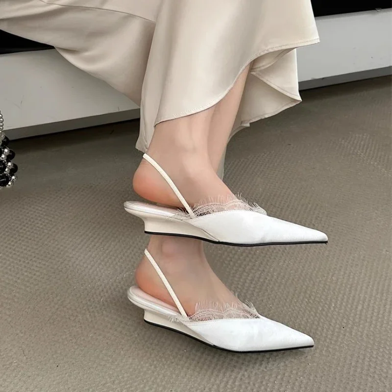 

Shoes Female 2025 Summer Mules Women's Sandals Fashion Lace Trimmed Dress Sandals Women Pointed Toe Slip on Shoes Women Zapatos