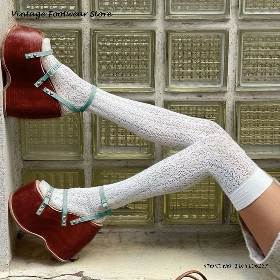 Buckle Strap Wedge Platform Sandals Stud Embellished Round Open Toe Height Increasing Shoes Summer Fashion Casual High Heels