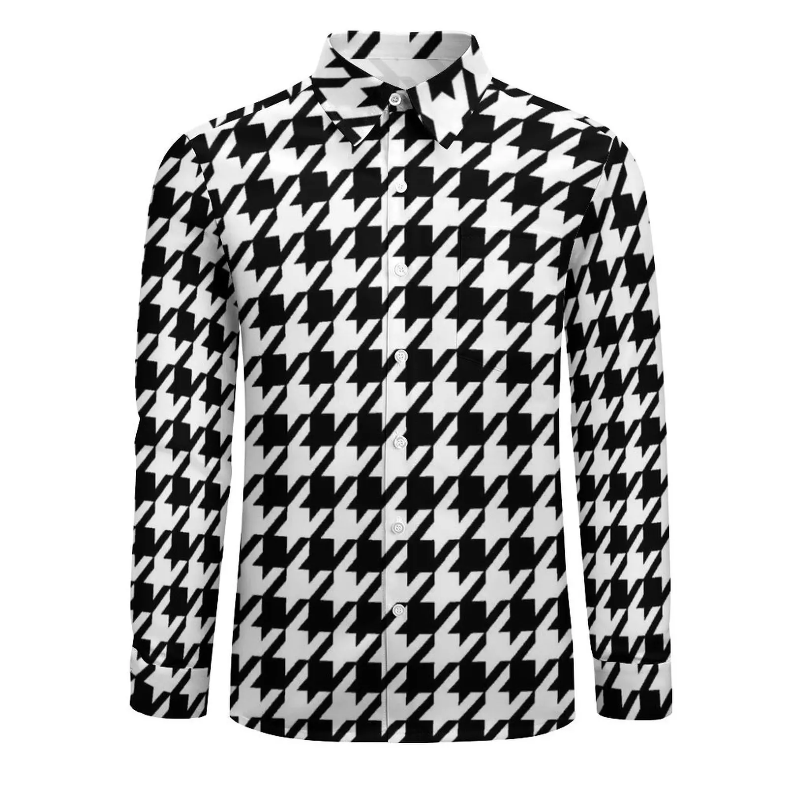 Black And White Houndstooth Blouse Male Abstract Design Shirt Long Sleeve Classic Casual Shirts Spring Design Top Plus Size