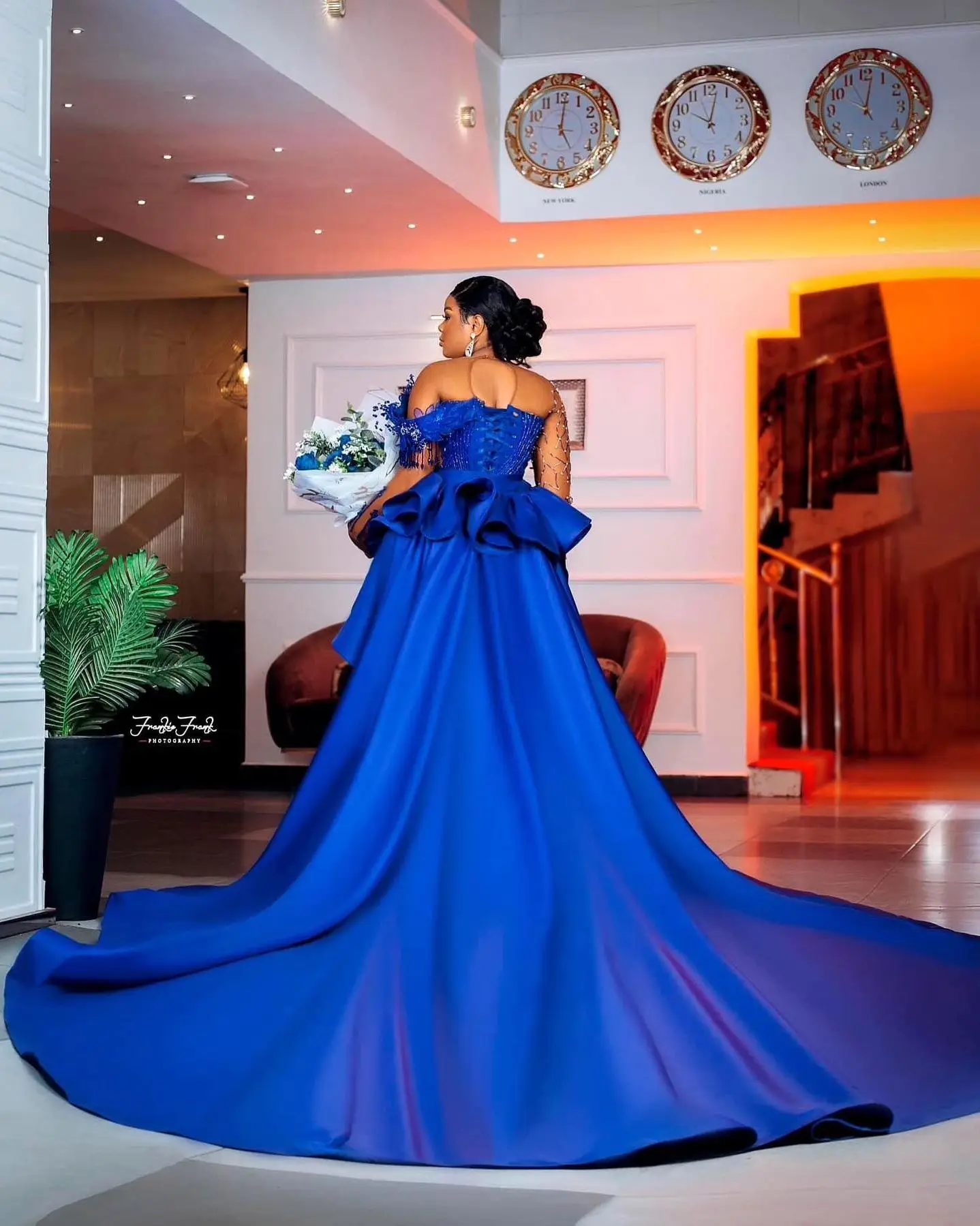 Vestidos De Casamento Sereia De Renda Frisada Africana, Mangas Completas, Vestidos Longos De Baile, Trem Destacável, Aso Ebi Brilhante, Azul Royal