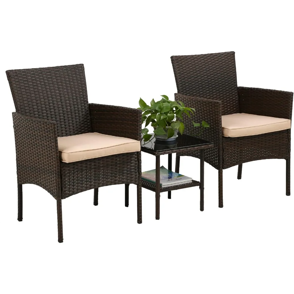 Patio Bistro Conversation Set Wicker Furniture 2 Rattan Chairs Cushions and Glass Coffee Table for Lawn Garden Balcony Backyard