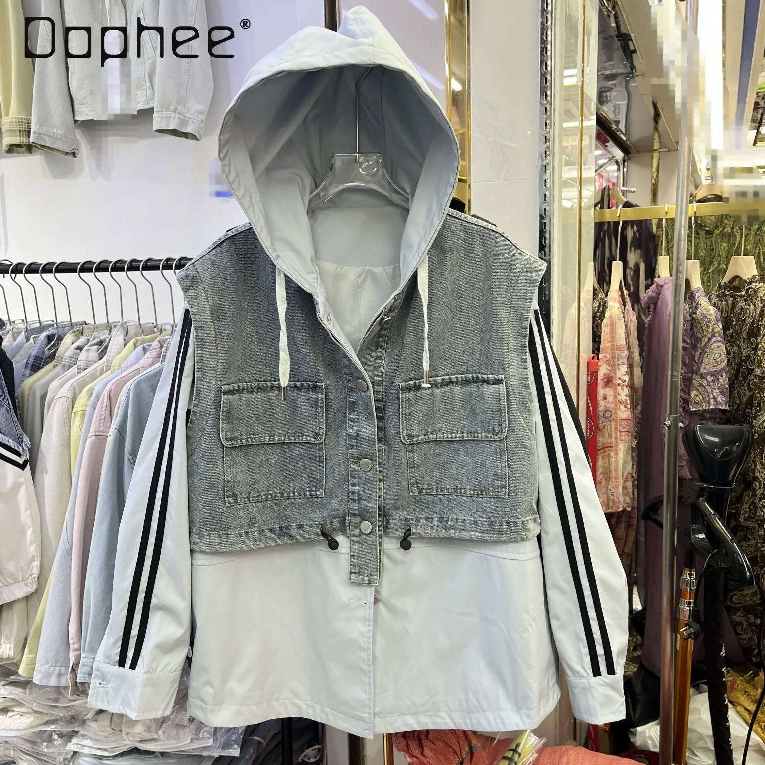 

Fake Two-piece Denim Splicing Jackets for Women 2026 Spring New Korea Fashion Patchwork Color Hooded Loose Casual Top Jacket