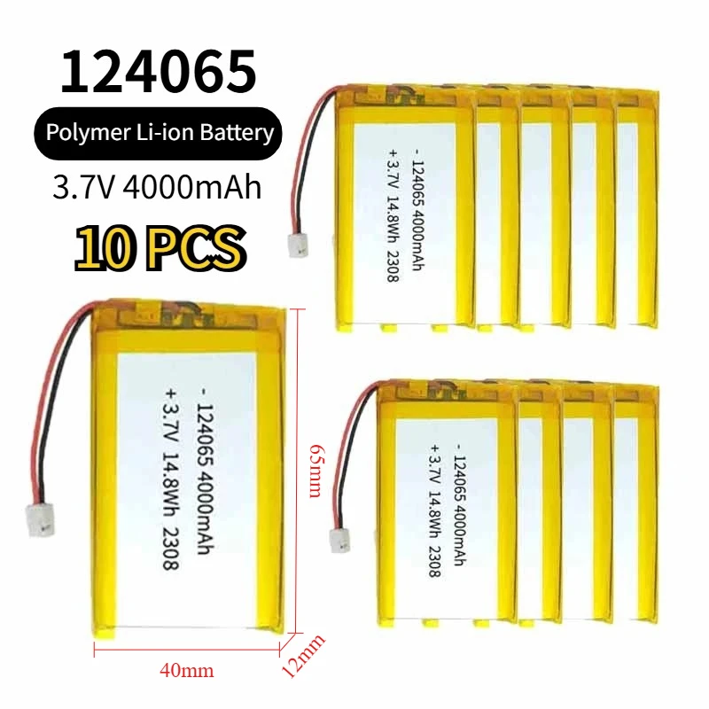 

10PCS 3.7V 4000mAh 124065 Polymer Li-ion Battery PH 2.0 Plug for Driving Recorder Radio Smart Lock Hand Warmers Tablet Camera