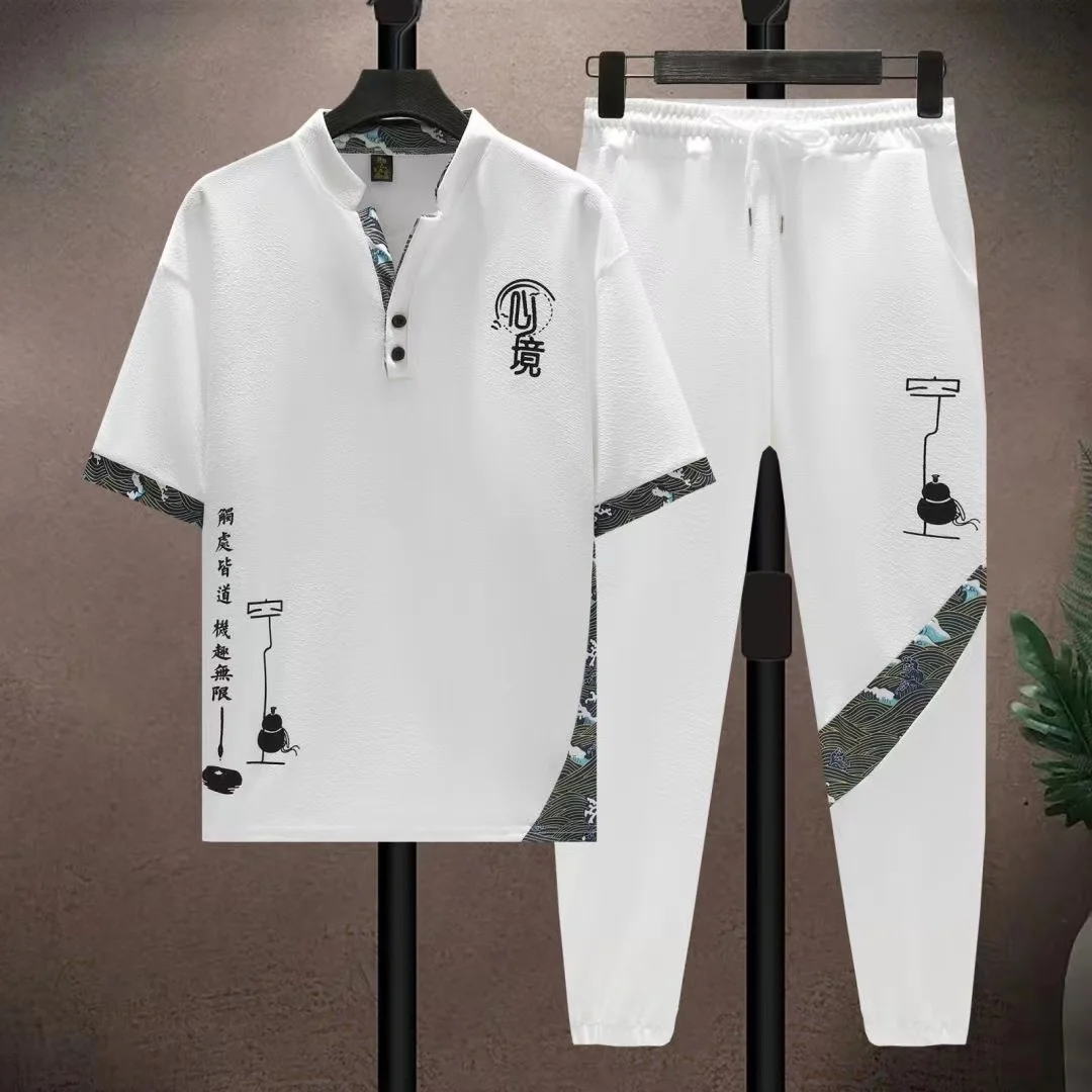 

2025 Summer New Men's Chinese Retro Style Ice Silk Cool Loose Set Short Sleeved Long Pants Casual Sports Fashion Two Piece Set
