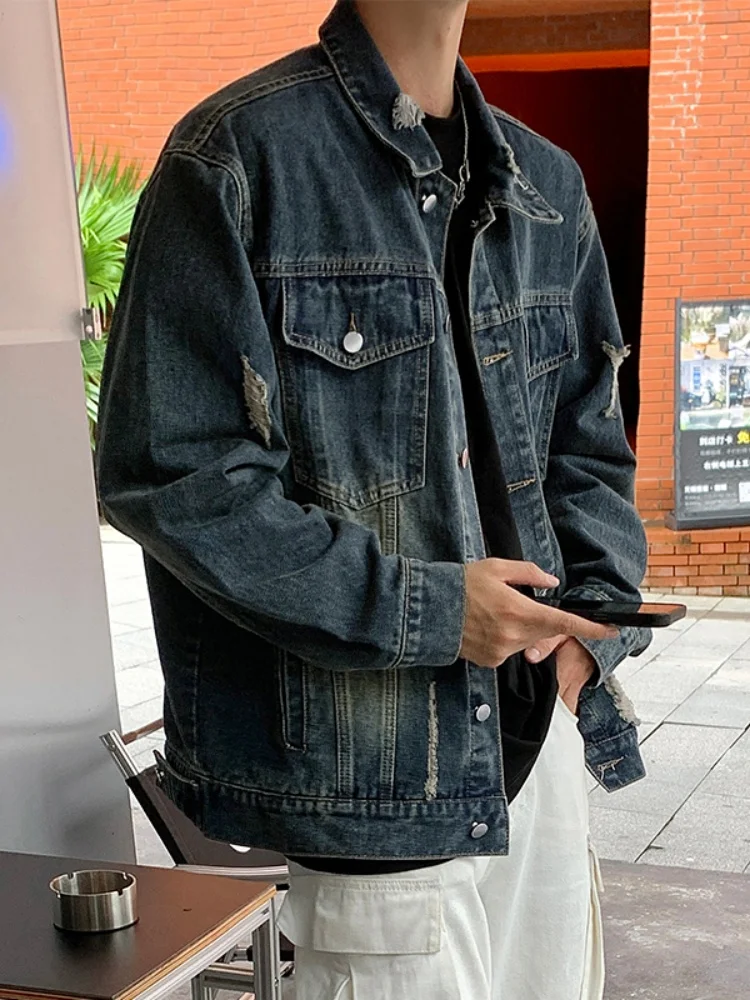 

Retro American Hole Denim Jaet Men's High Sensation Cool Workwear Jaet 2024 New Autumn Turn-down Collar Top