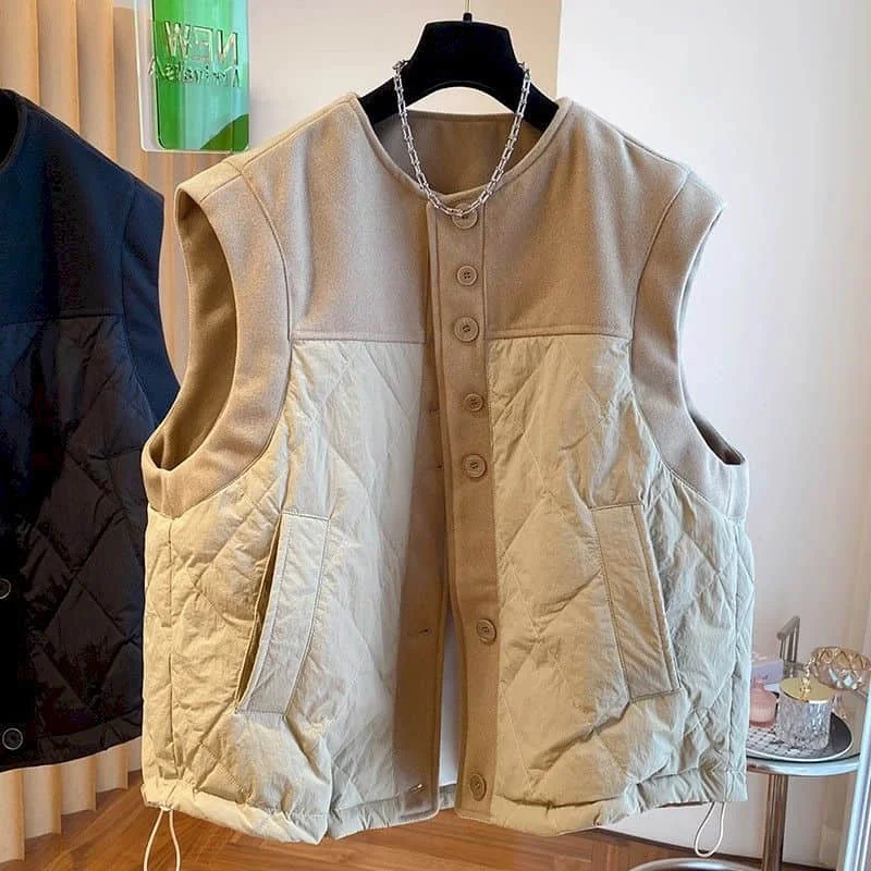Workwear Waistcoats for Women Solid Cotton Patchwork Vests O-neck Casual Sleeveless Cardigans Vintage Jackets Loose Women Tops