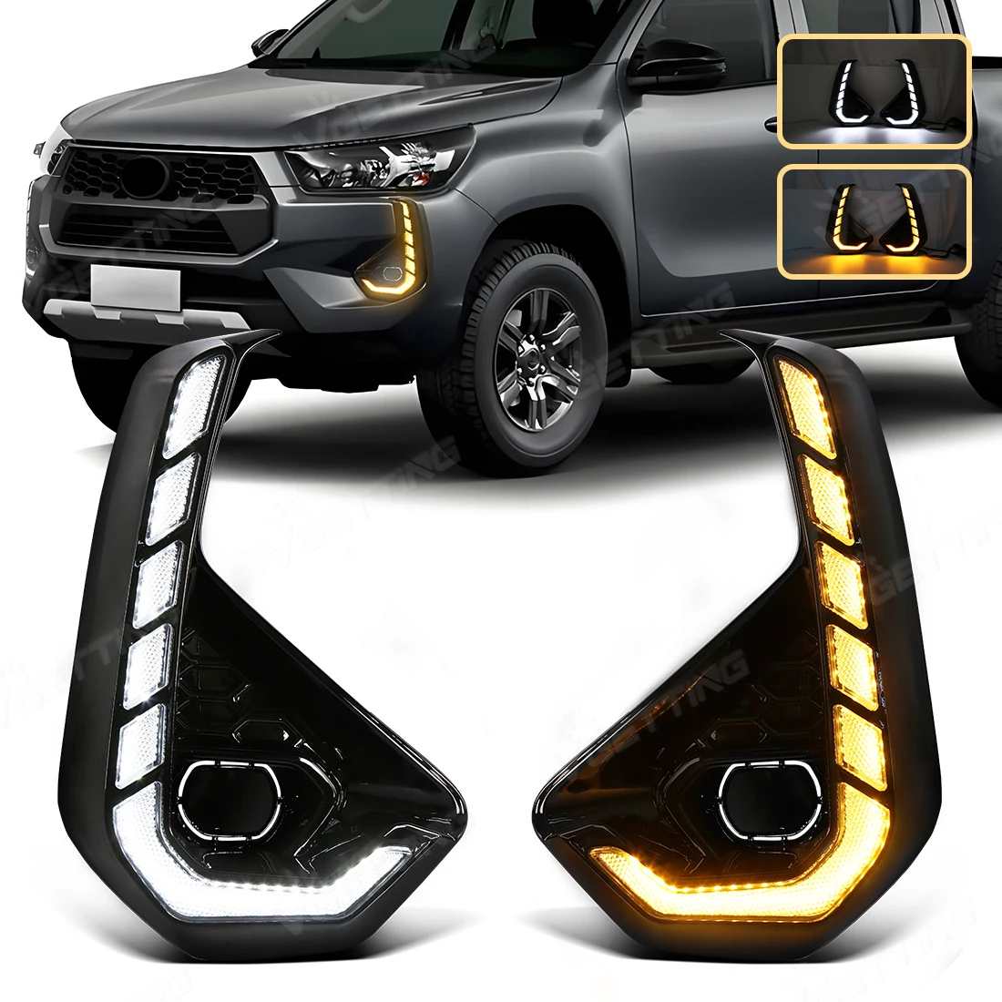 

For Toyota Hilux Revo 2024 2025 Daytime Running Lights LED DRL Turn Signal Fog Lamps White Yellow Front Bumper Daylights 12V