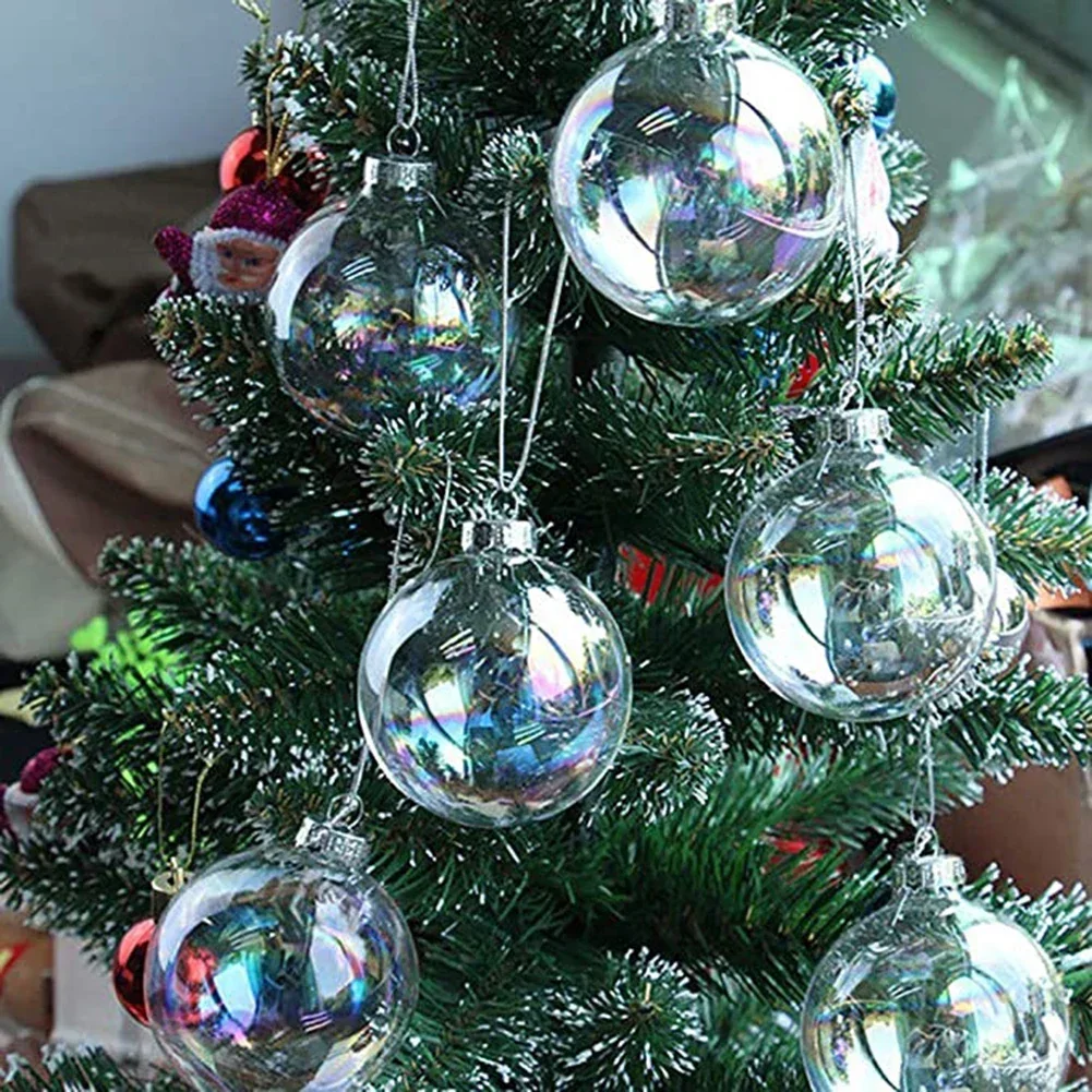 Transparent Ball Set of 12 Clear Plastic Baubles Balls with Silver Cord Iridescent Glass Baubles Balls Christmas Tree Ornament