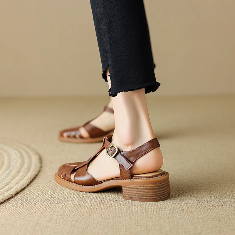 2024 Summer Sandals Cowhide Round Toe Women Sandals Chunky Heel Women Shoes Cover Toe Shoes for Women Hollow Out Mary Jane Shoes