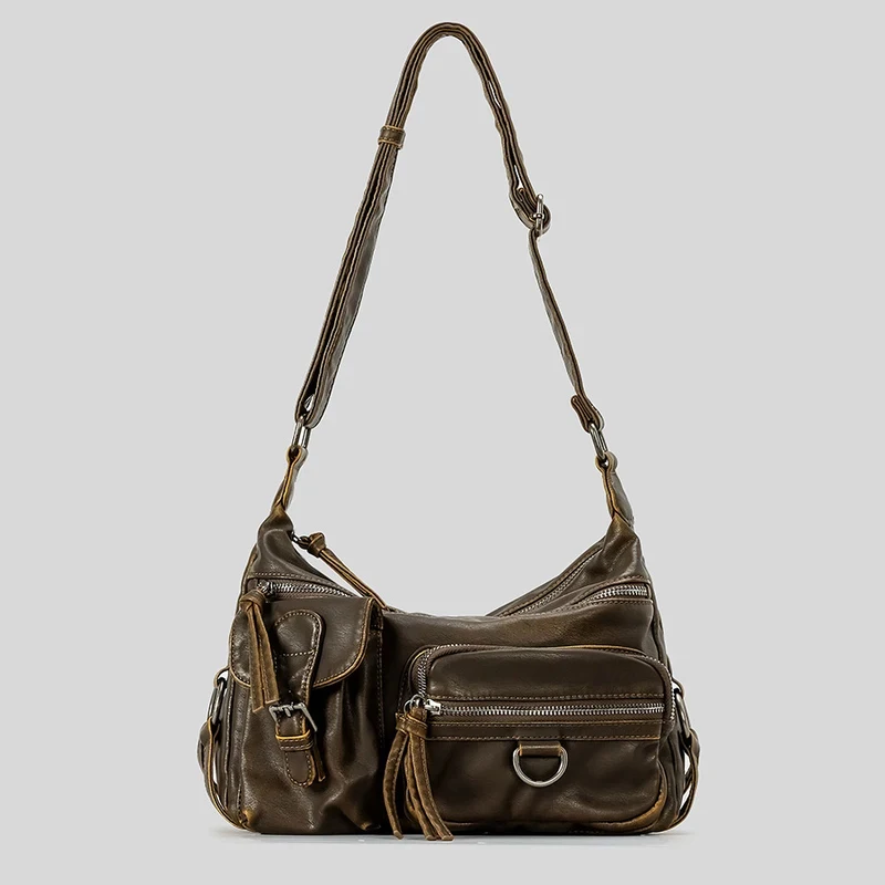 

Vintage Women's Shoulder Bag with Multiple Pockets, Luxury Washed PU Leather Crossbody Bag, Retro Y2K Motorcycle Style Bag 2026